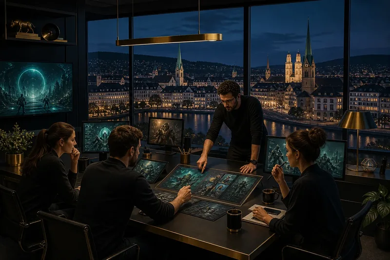 Arbeitsplatz mit Blick auf Zürich bei Nacht — Symbol für das Growing-Legacy-Team